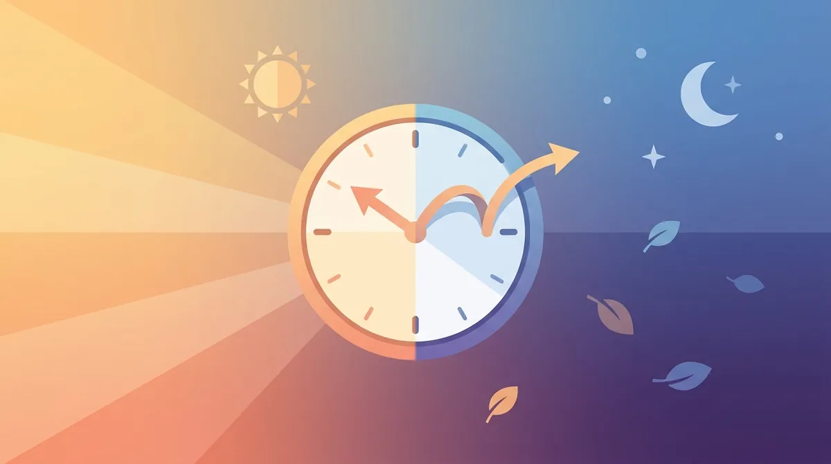 Jam analog dengan jarum yang disetel maju satu jam dengan latar langit matahari terbit musim semi, menggambarkan Waktu Musim Panas