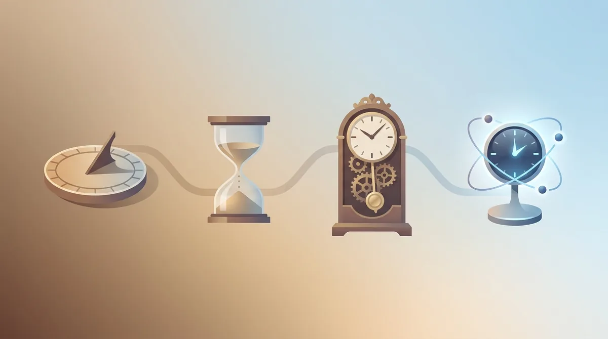 Garis waktu visual alat pengukur waktu, dari jam matahari Mesir kuno dan jam air hingga jam pendulum, kronometer laut, dan jam atom modern