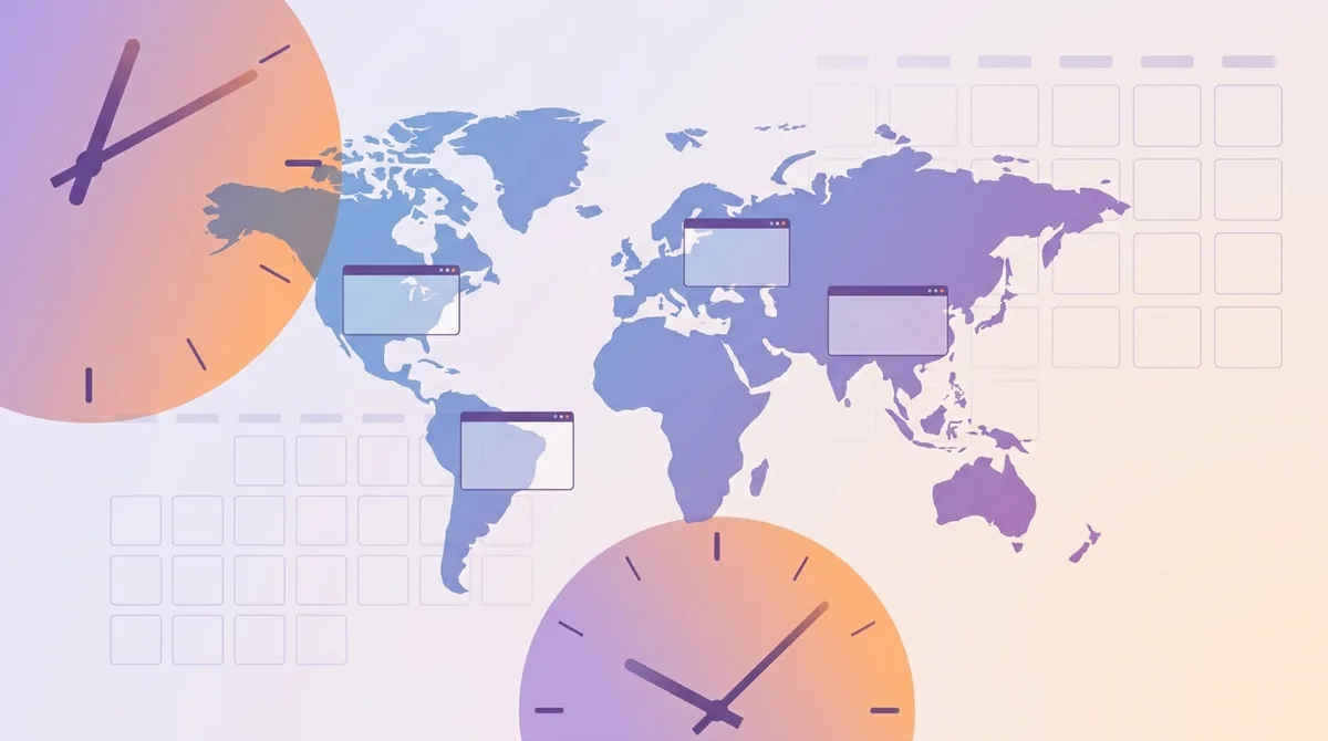 Deretan jam dinding yang menunjukkan waktu berbeda untuk London, New York, dan Mumbai di atas kalender rapat bersama
